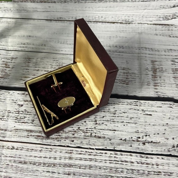 Swank Vintage Brushed Gold Faux Diamonds Mens Cufflinks & Tie Clip w/ Box - Picture 10 of 12